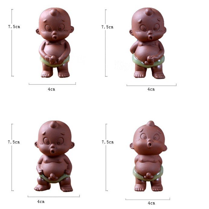 Four peeing boy tea pet variants with 7.5cm/2.95in height and 4cm/1.57in width dimensions