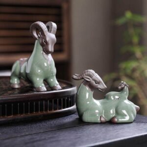Handmade Green Crackle Glaze Ceramic Goat Tea Pet Set – Traditional Chinese Tea Accessory