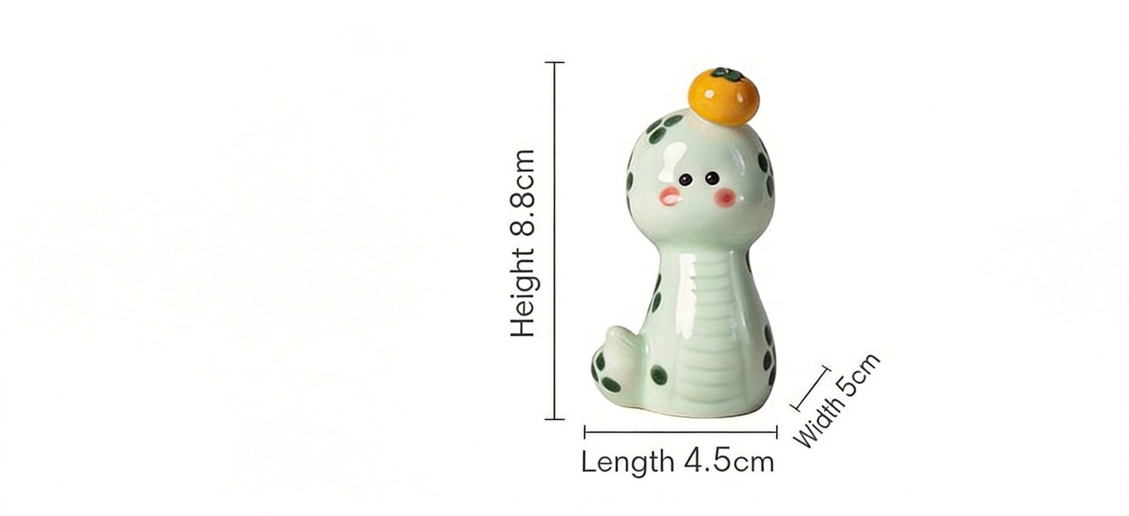 Ceramic snake tea pet size chart showing height, width, and length measurements