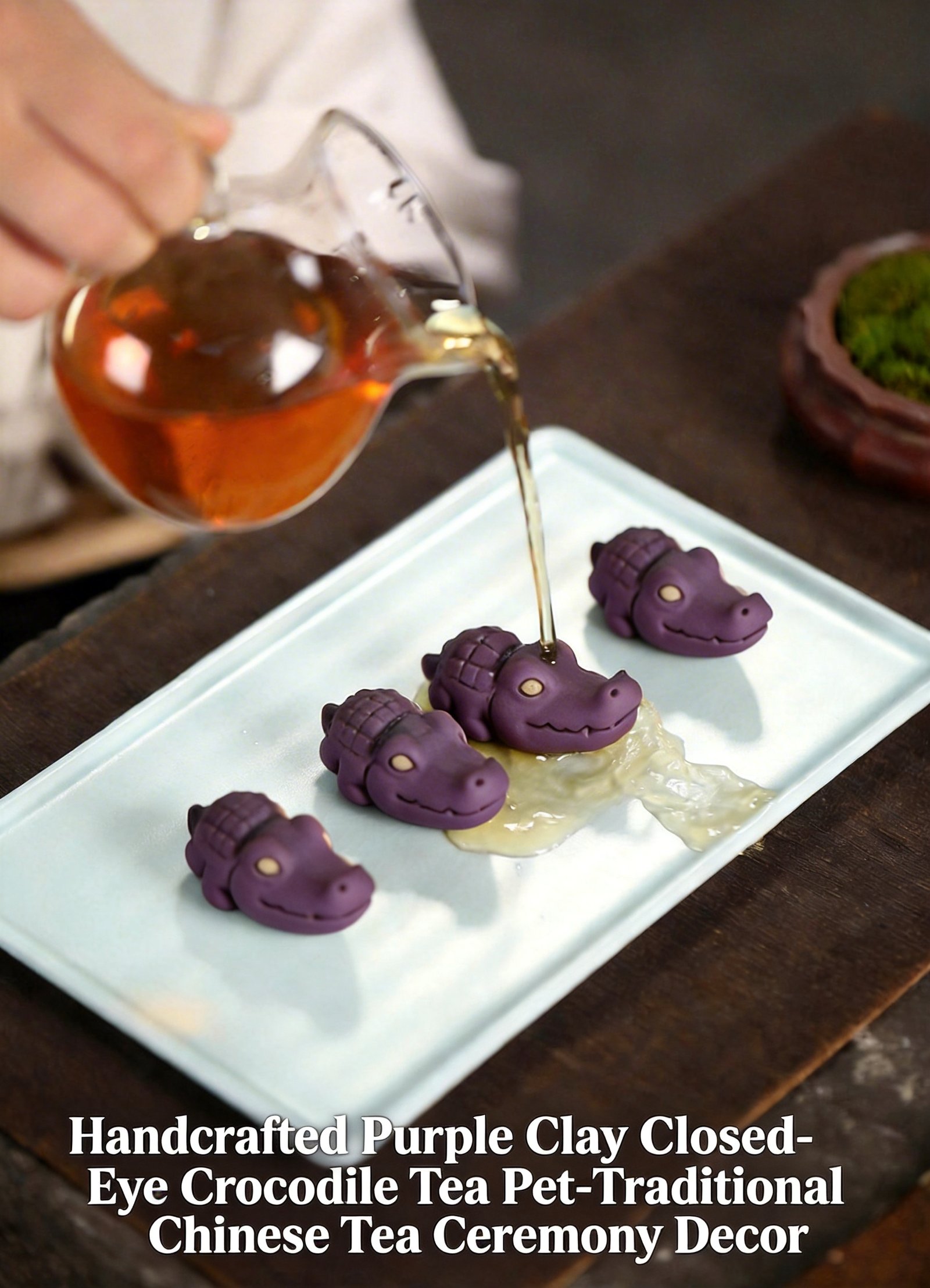 Pouring tea over handcrafted purple clay crocodile tea pet