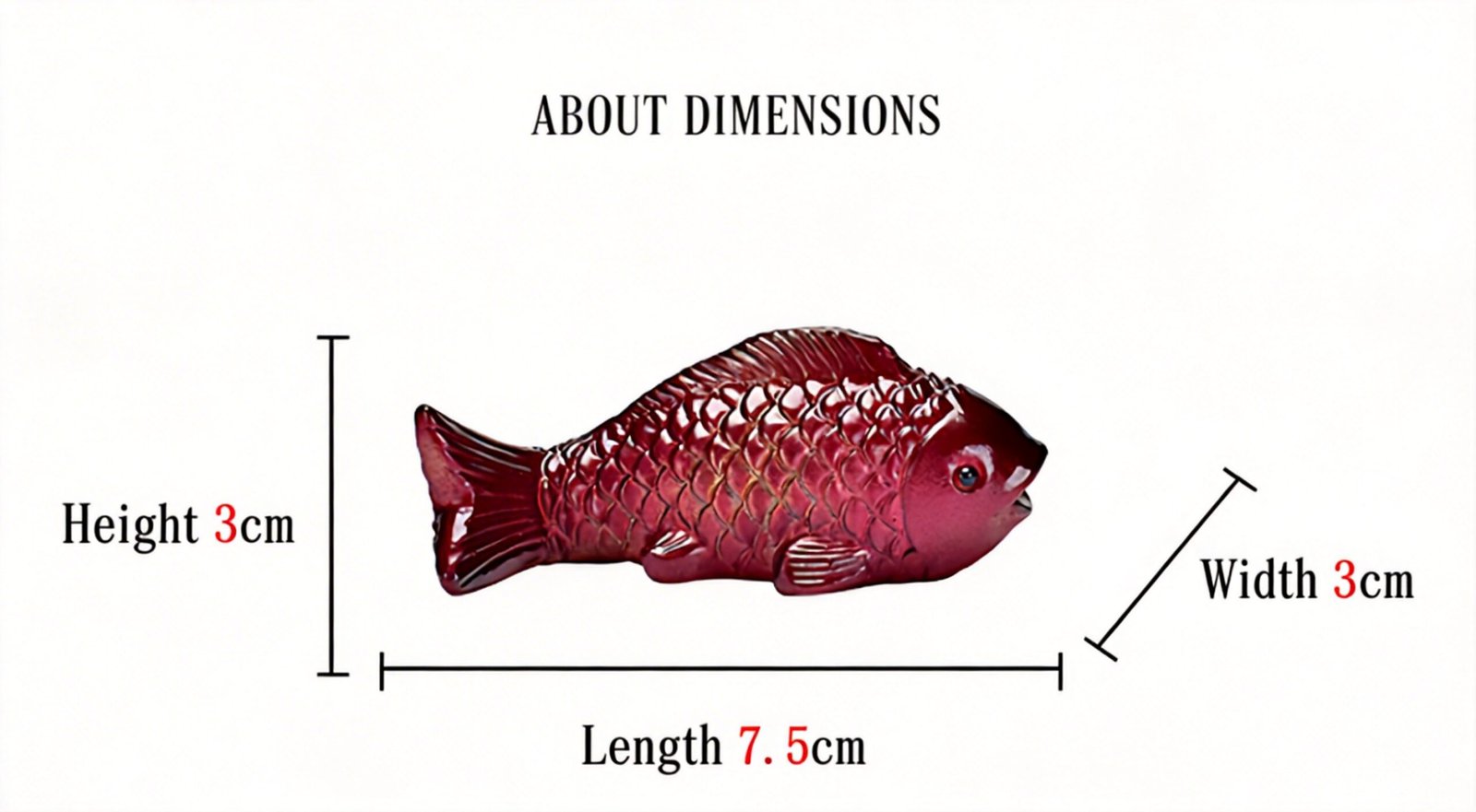 Koi fish tea pet size diagram showing 7.5cm length, 3cm width, 3cm height
