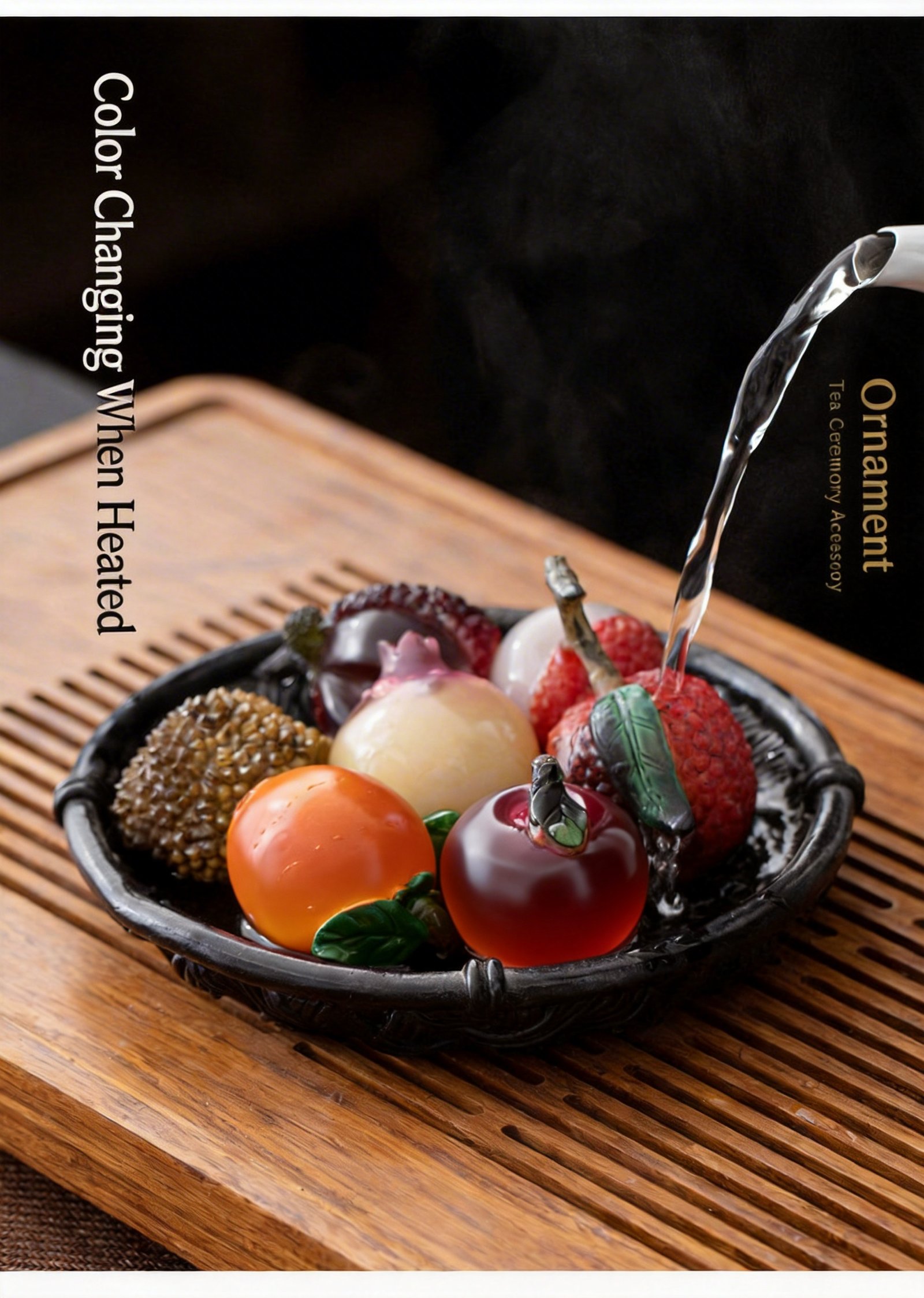 Hot water being poured over color changing lychee tea pets in a black tea bowl on a wooden tray