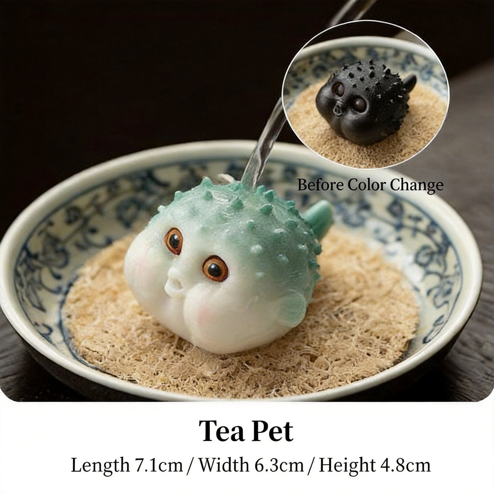 Blue color changing pufferfish tea pet showing before and after color transformation, with size dimensions 7.1cm x 6.3cm x 4.8cm