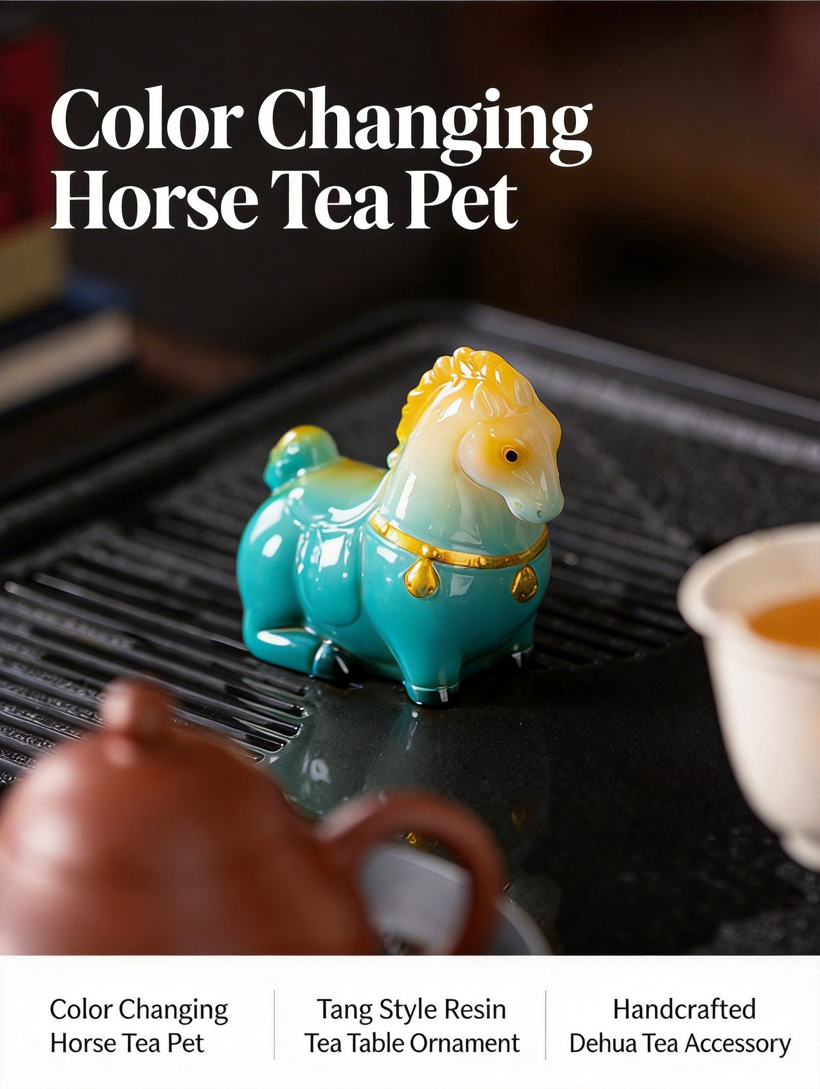 Color changing horse tea pet displayed on tea tray with teapot and teacup