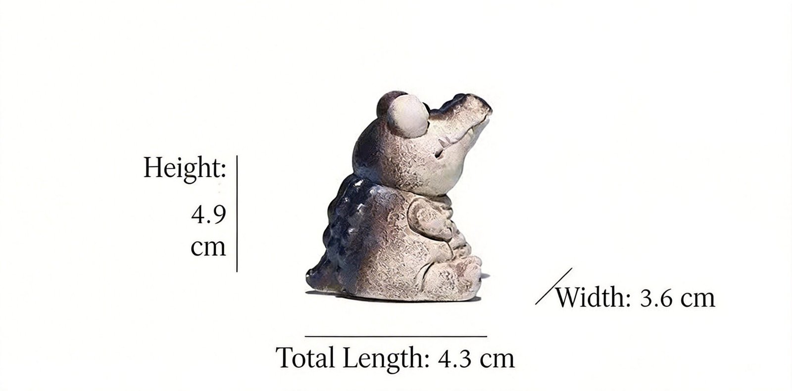 Big eye crocodile tea pet dimension diagram showing height 4.9cm, width 3.6cm, total length 4.3cm