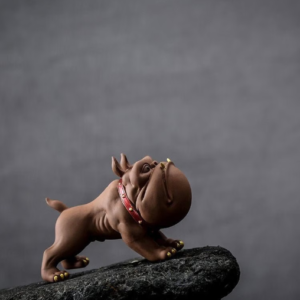 Handmade standing French bulldog zisha tea pet on black tea tray