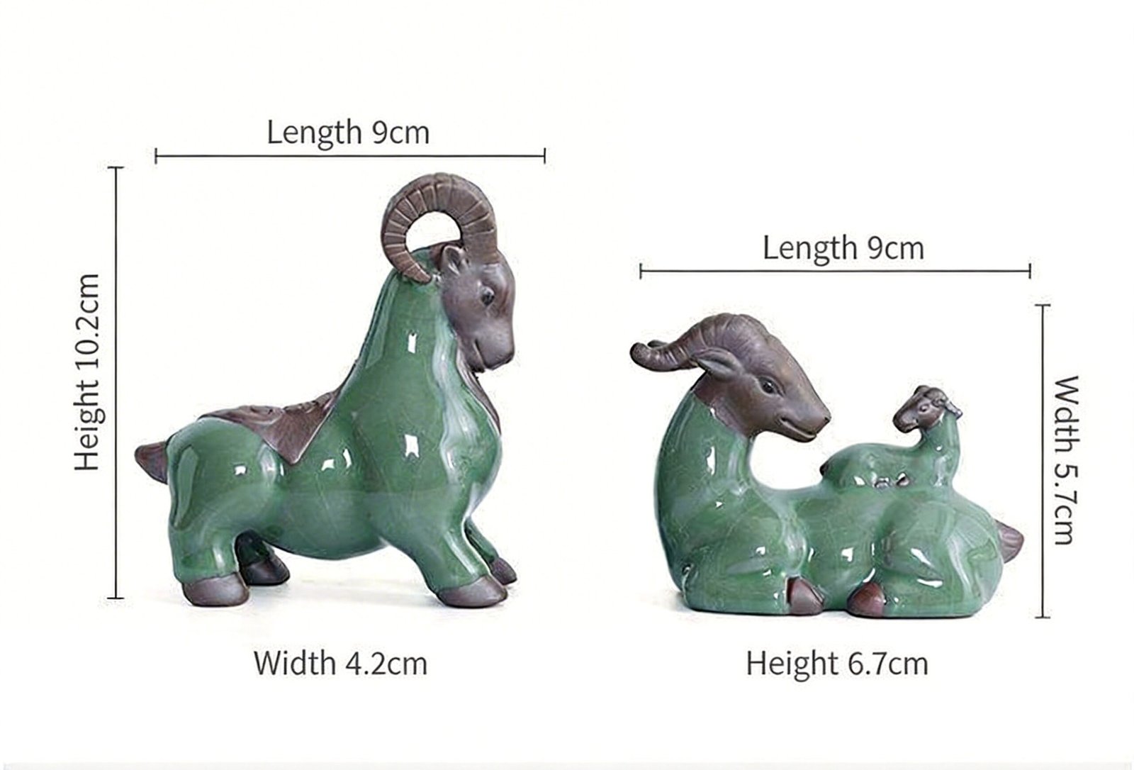 Green ceramic goat tea pet set with size measurements in cm and inches