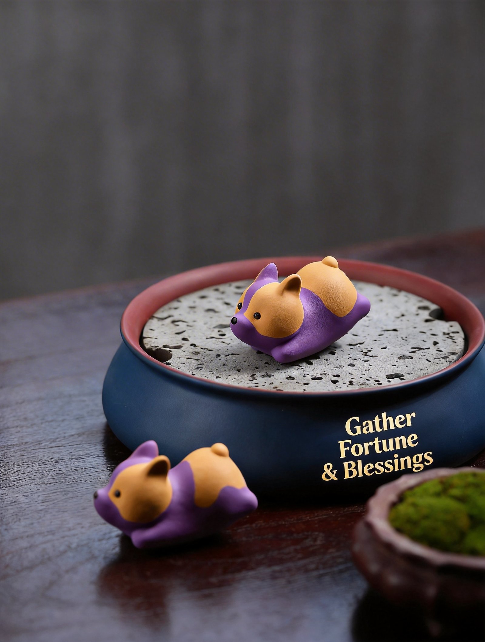 Two purple clay Corgi tea pets displayed beside a tea bowl and moss pot