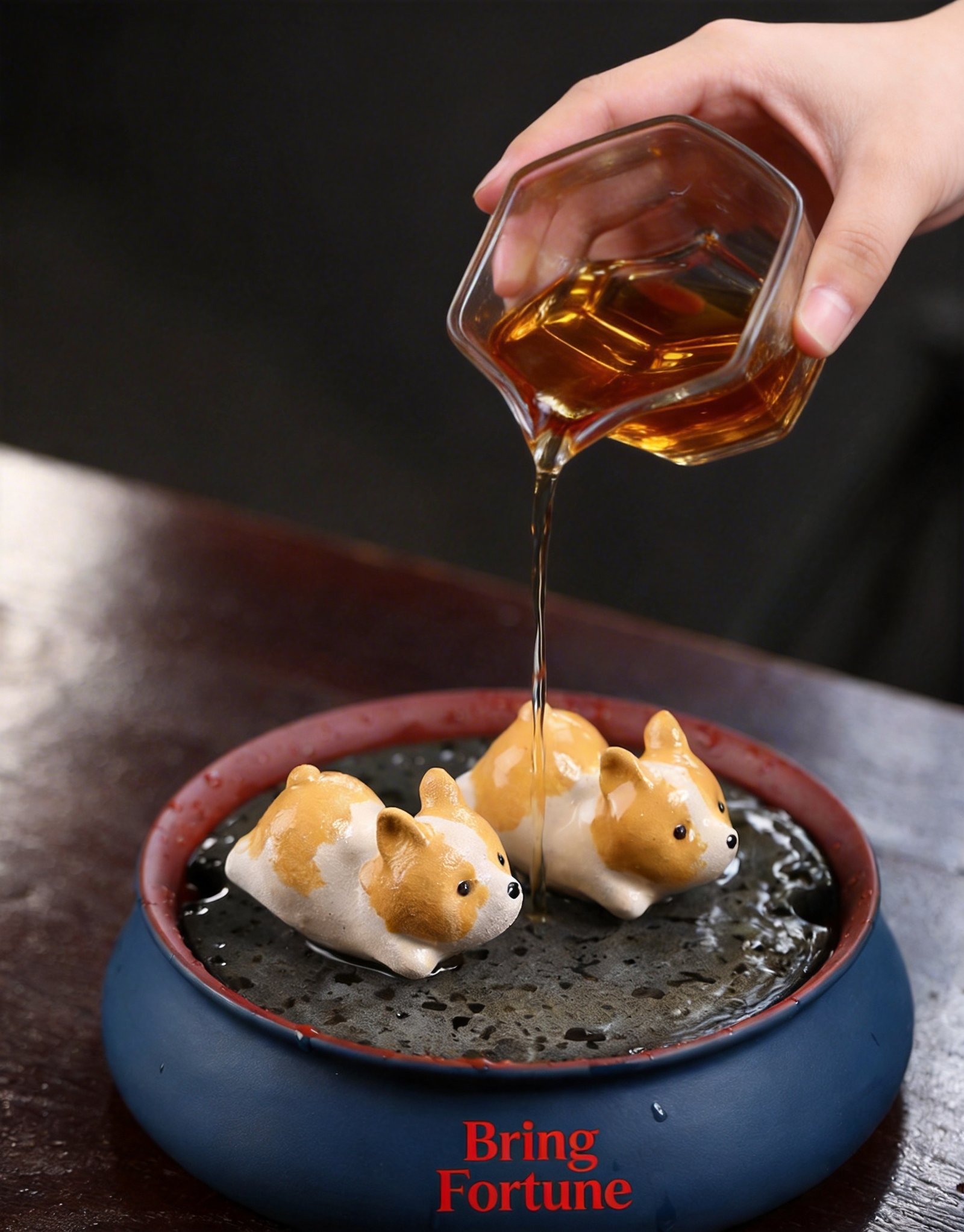 Tea being poured over two purple clay Corgi tea pets in a tea bowl