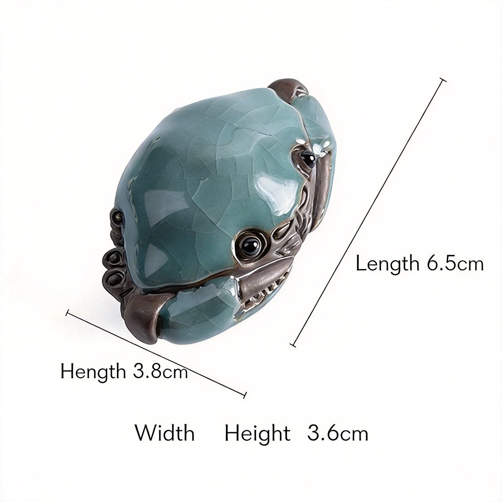 Ru kiln crab tea pet dimensions showing 2.56 inch length, 1.5 inch width, 1.42 inch height