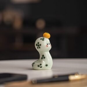 Handmade Ceramic Snake Tea Pet with Persimmon Accent, Cute Chinese Zodiac Decor