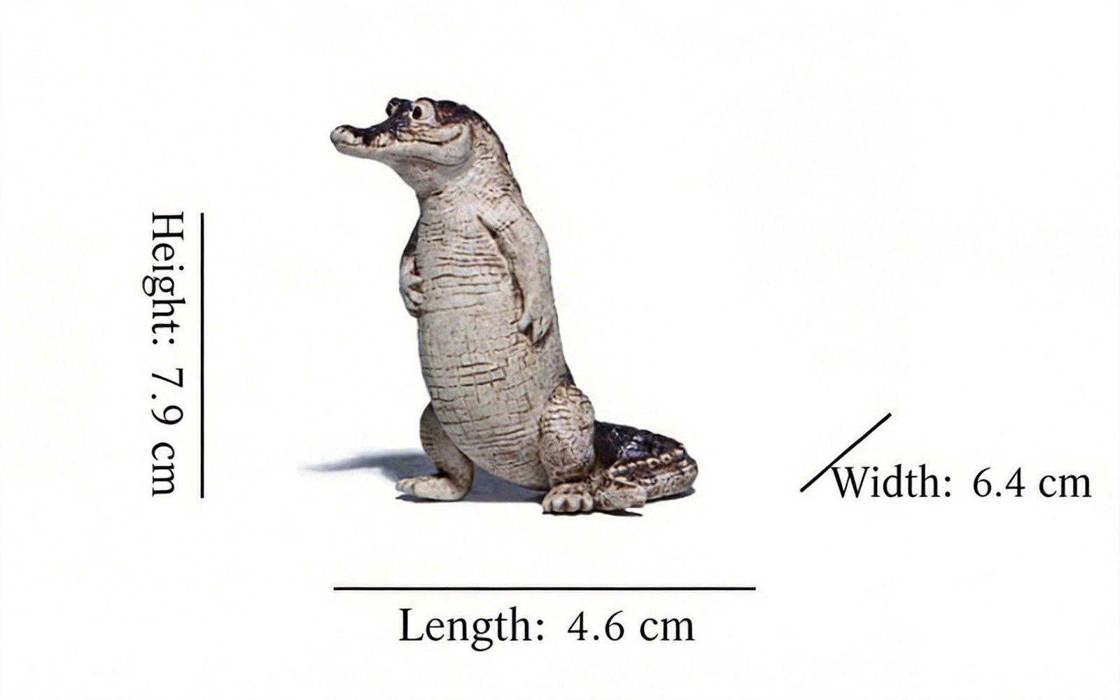 Standing crocodile tea pet dimension chart with cm and inch measurements
