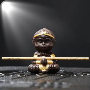 Color Changing Black Myth Sun Wukong Purple Clay Figurine with Golden Staff Tea Pet