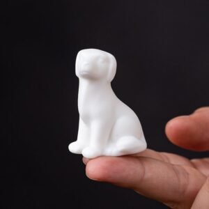 Handcrafted white porcelain sitting dog tea pet main view on wooden tea tray