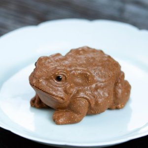 Handmade Yixing zisha golden toad tea pet main product view on wooden tea table