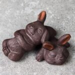 Main view of handcrafted Yixing zisha cute rabbit tea pet, natural deep brown finish