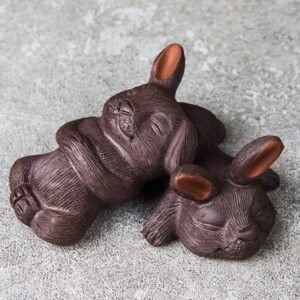 Main view of handcrafted Yixing zisha cute rabbit tea pet, natural deep brown finish
