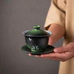 120ml gradient dark green black porcelain gaiwan with deer moon star pattern full view