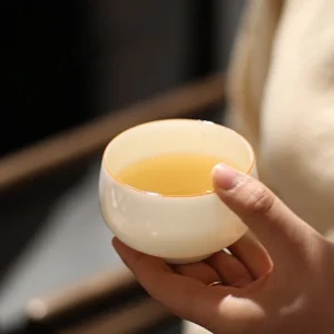 front view of 120ml white porcelain gongfu teacup with gold rim