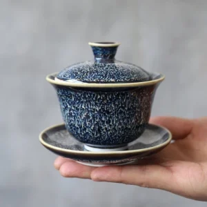 front view of handcrafted 130ml blue jian zhan gaiwan tea set
