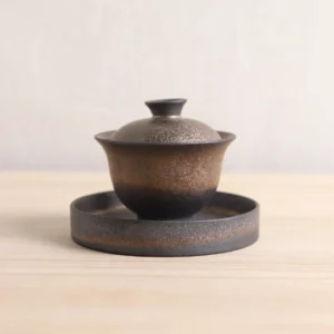 full set view of handcrafted rustic ceramic 130ml gaiwan tea set