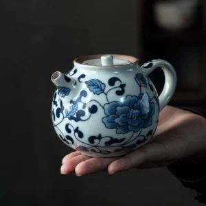 front view of handcrafted 140ml chinese blue and white porcelain teapot