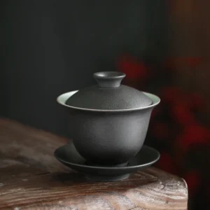 front view of 150ml handmade black clay gaiwan tea set