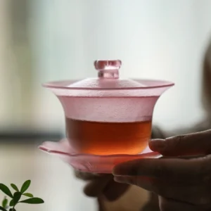 150ml frosted pink floral glass gaiwan tea set front view