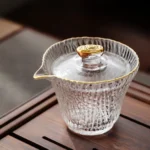 150ml hammered glass gaiwan with gold accent front view
