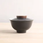 150ml black textured ceramic gaiwan tea set with wood lid knob main product view