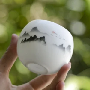 150ml hand painted ink landscape Chinese white porcelain tea cup main view