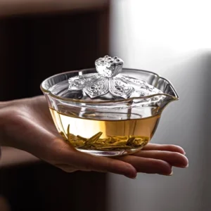 front view of 150ml lotus pattern clear glass gaiwan tea set