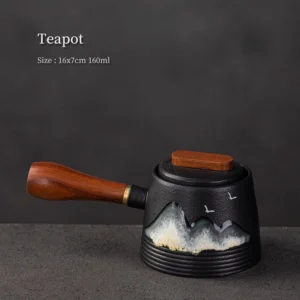 full side view of 160ml ceramic kyusu teapot with wooden handle