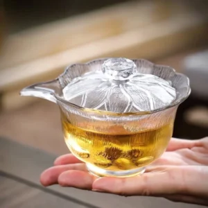 front view of 160ml lotus embossed frosted glass gaiwan tea bowl