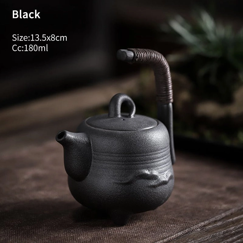 180ml handcrafted ceramic wrapped handle teapot in matte black