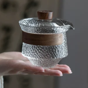 full set of 200ml hammered glass gaiwan tea set with wood handle