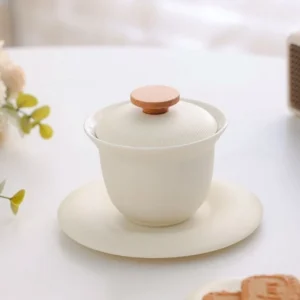 200ml white porcelain gaiwan with wooden lid knob complete set