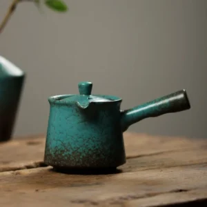 Full view of 210ml green crackled ceramic kyusu teapot side handle