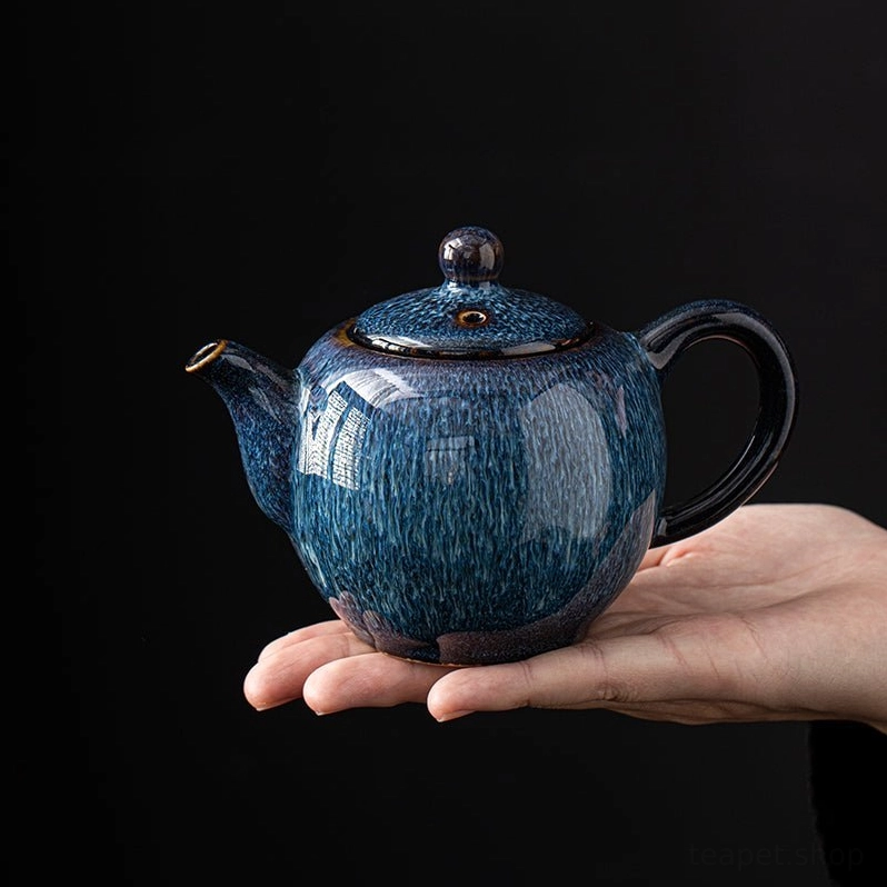 full view handcrafted 250ml blue pulled glaze ceramic teapot