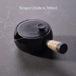 full side view of 500ml black ceramic kyusu teapot with hemp wrapped side handle