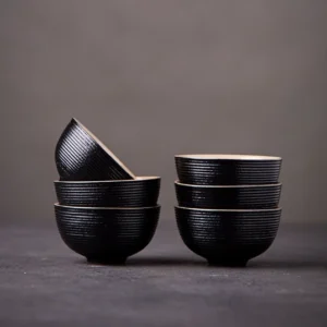 set of 6 black ceramic 30ml gongfu tea cups full set view