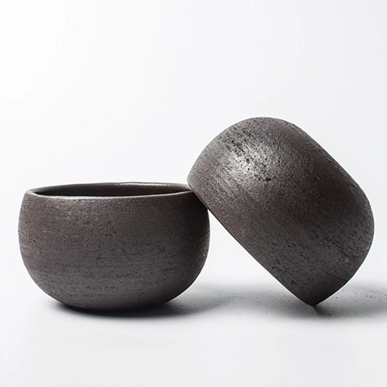 side view of 80ml black ceramic tea cup showing shape