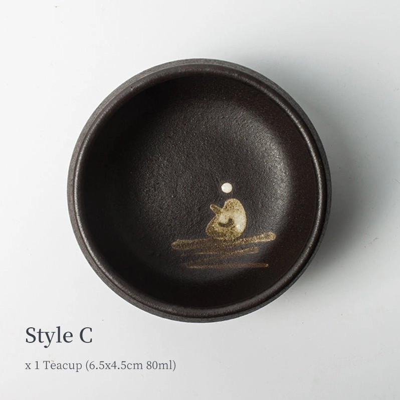 style c hand-painted black ceramic tea cup with interior traditional figure pattern
