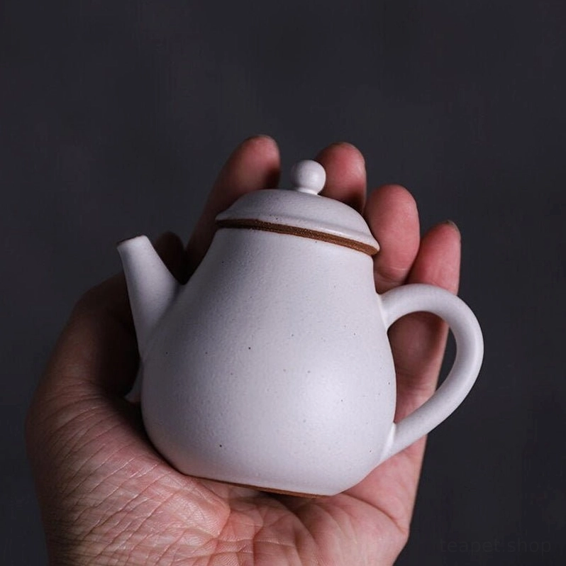 handheld 90ml small white ceramic teapot in hand