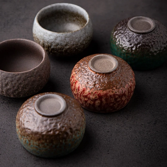 All 5 muted glaze color variants of rustic chawan tea bowl displayed together