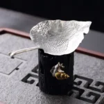 antique leaf shape tin loose leaf tea strainer with tree stump base full set