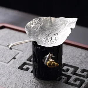 antique leaf shape tin loose leaf tea strainer with tree stump base full set