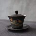 hand-painted black crane gold accent ceramic gaiwan tea set 130ml full view