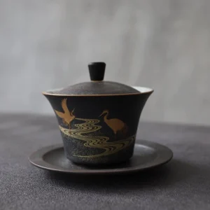 hand-painted black crane gold accent ceramic gaiwan tea set 130ml full view