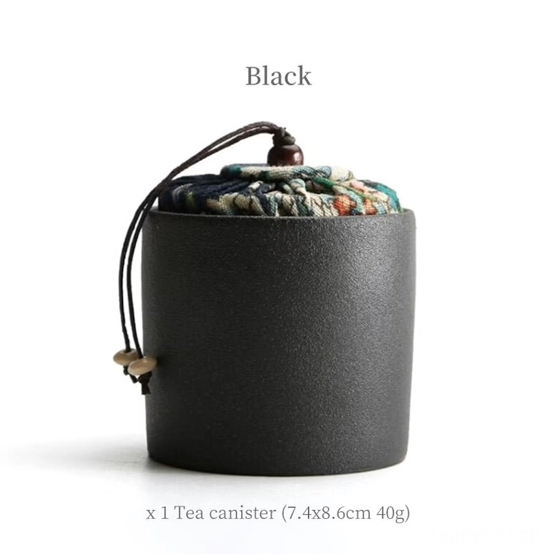 black portable ceramic mini tea jar with fabric lid